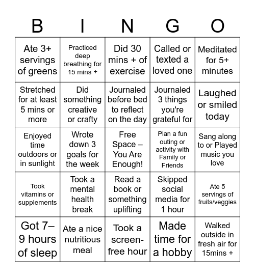Health Matters Self-Care Card Bingo Card