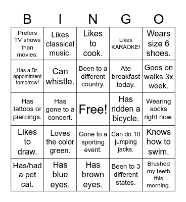 GET TO KNOW ME Bingo Card