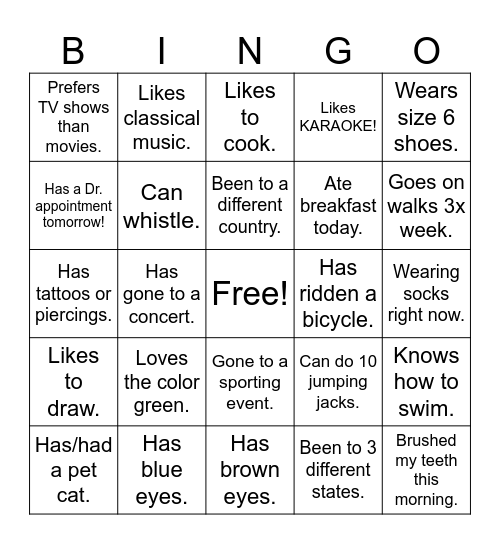 GET TO KNOW ME Bingo Card