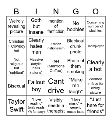 Women's Dating Profile Bingo Card