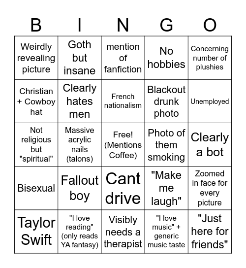 Women's Dating Profile Bingo Card