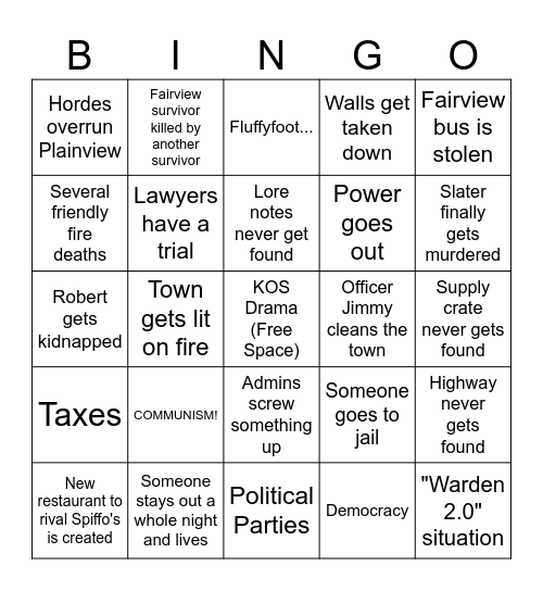 Plainview Township Bingo Card