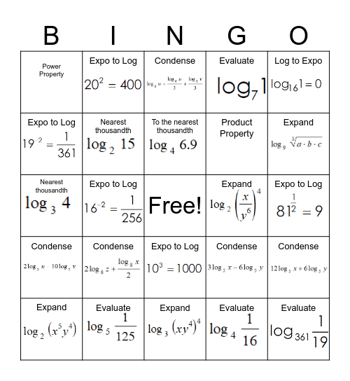 Logarithm Bingo! Bingo Card