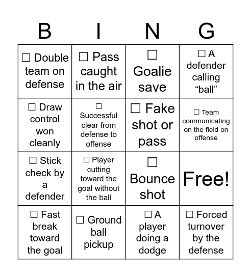 Lacrosse Bingo Card