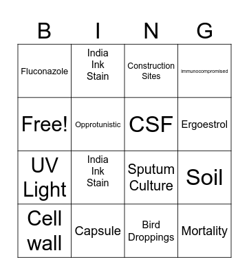 Fungal Pneumonia Bingo Card