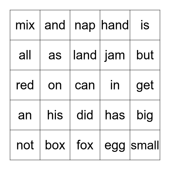 Short vowel sounds Bingo Card