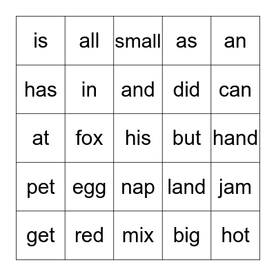 Short vowel sounds Bingo Card