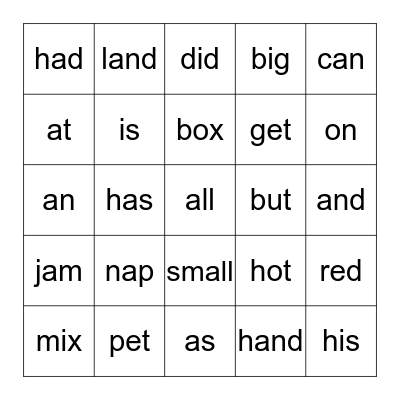 Short vowel sounds Bingo Card