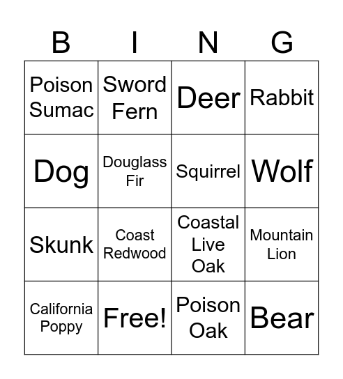 Plant & Animal ID Bingo Card