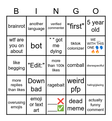 yt shorts comments Bingo Card