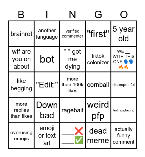 yt shorts comments Bingo Card