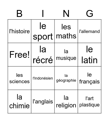 Les matières Bingo Card