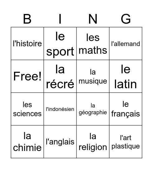 Les matières Bingo Card