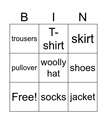 Clothes Bingo Card