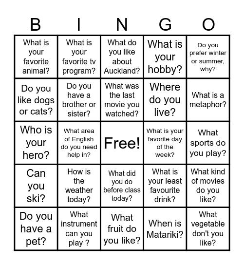 ESL Conversation Bingo Card