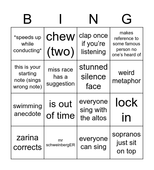 chorale Bingo Card