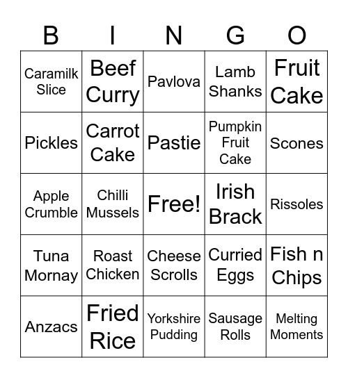 Pioneers Foodie Bingo Card