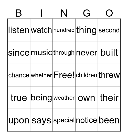 Third Grade Sight Words Bingo Card