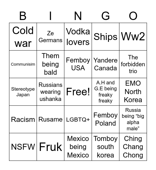 Countryhuman bingo Card