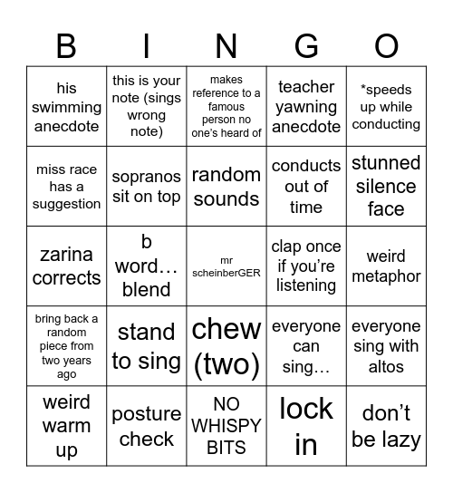 Chorale Bingo Card