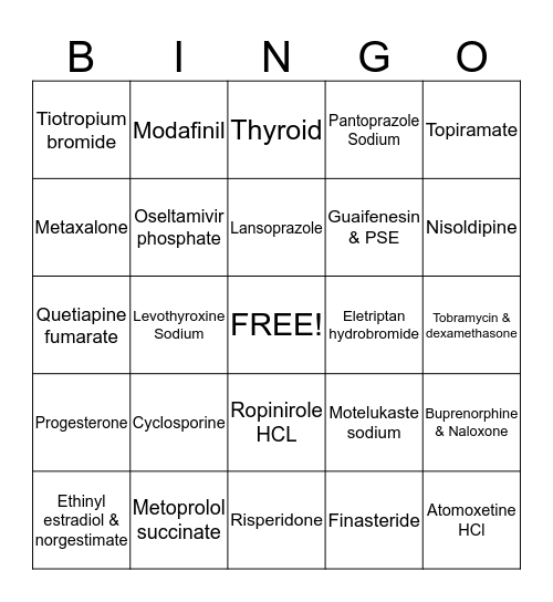 Mod 5 Medication List Bingo Card