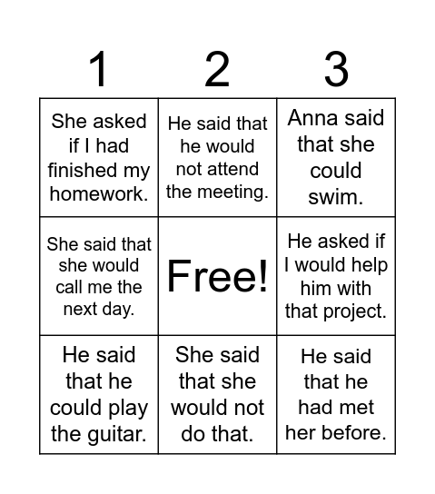 REPORTED SPEECH Bingo Card