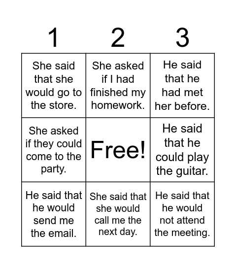 REPORTED SPEECH Bingo Card