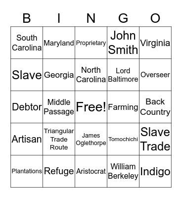 Southern Colonies Bingo Card