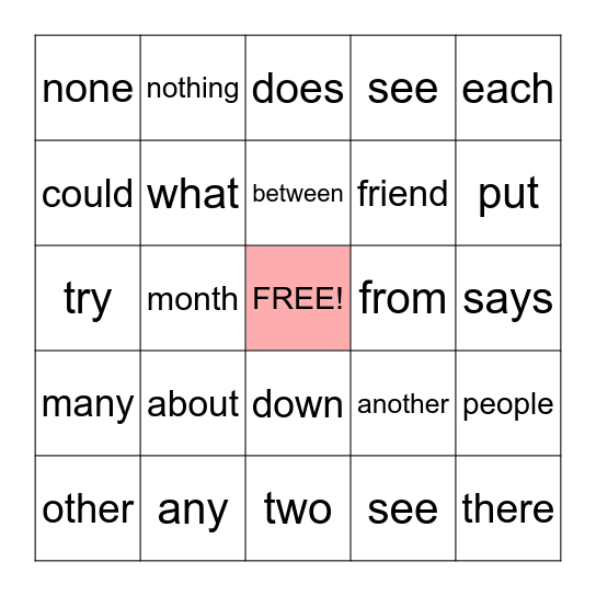 Trick Word Bingo Card