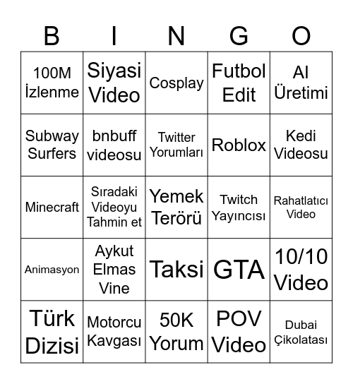 Shorts Bingo Card