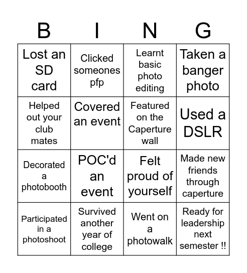 Caperture bing Bingo Card