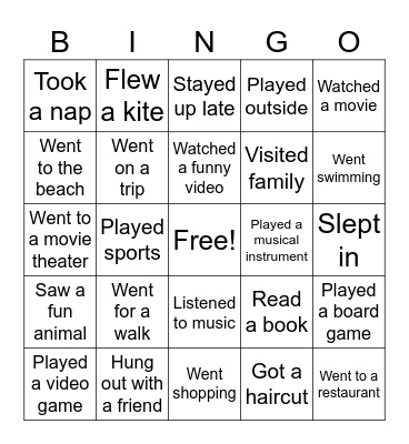 Spring Break BINGO Card