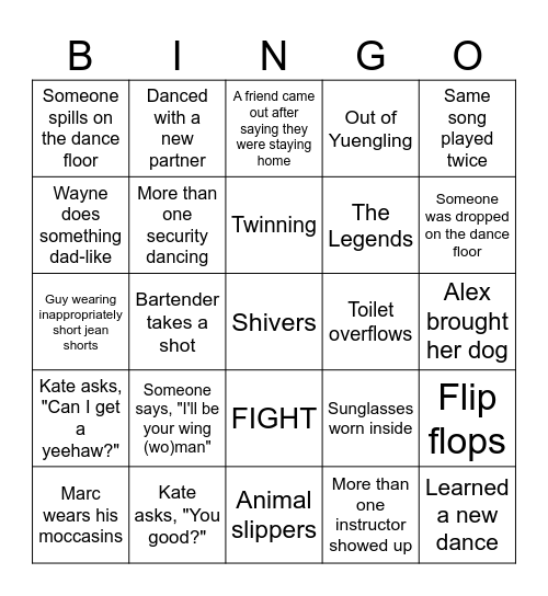 Cowboys Dance Hall Bingo Card