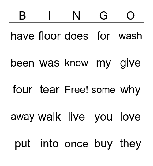 Sight word bingo Card