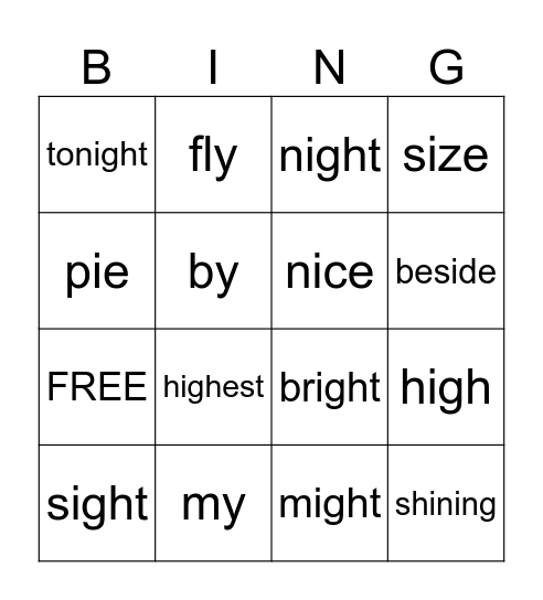 LONG I sounds Bingo Card