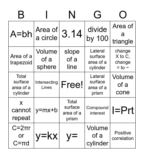 8th grade Reference Sheet BINGO Card