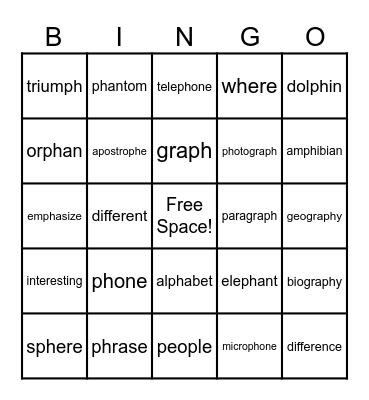 Bingo for /ph/ words Bingo Card