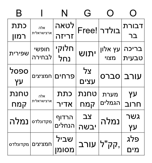 טבע ישראלי Bingo Card