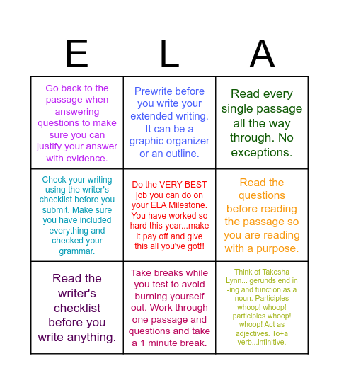 Milestones ELA challenge! Bingo Card