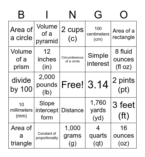 7th grade Reference Sheet BINGO Card