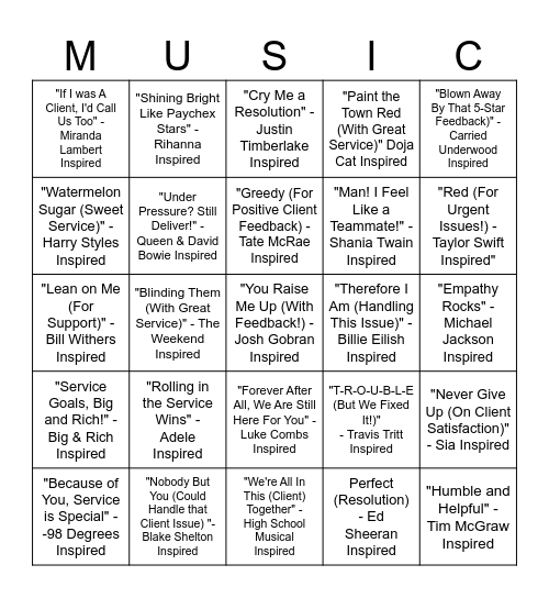 Retain & Gain Music Festival Bingo Card