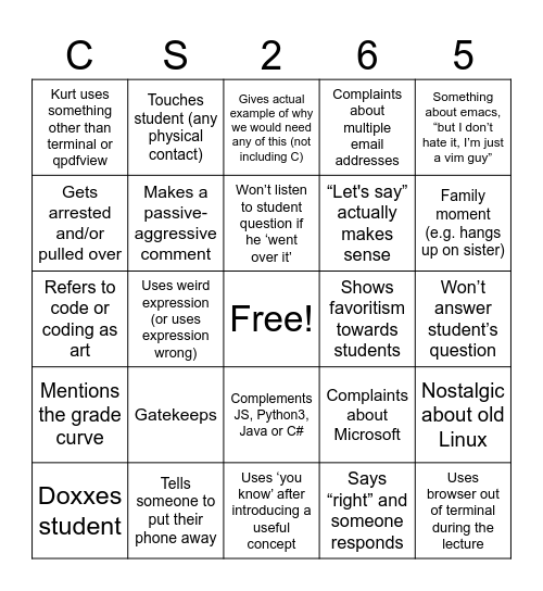 Kurt Bingo Card