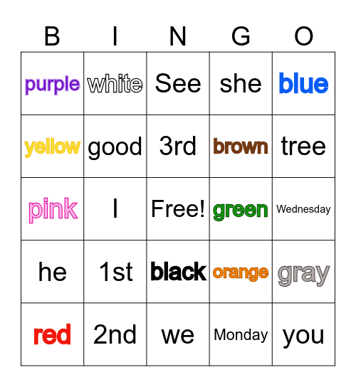 English BINGO Card