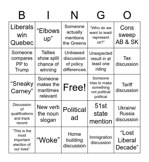 Canadian Election BINGO Card