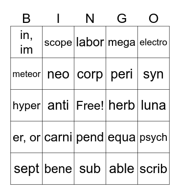 Word Builder Bingo Card