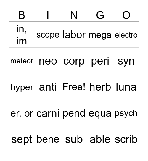 Word Builder Bingo Card