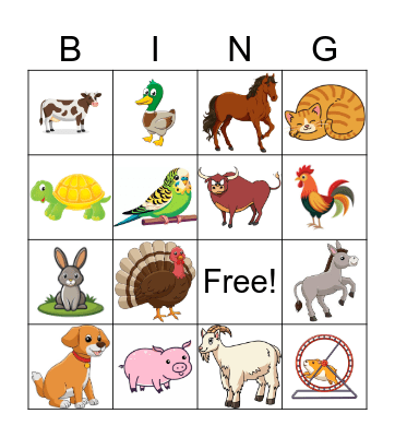 Farm animals and pets Bingo Card