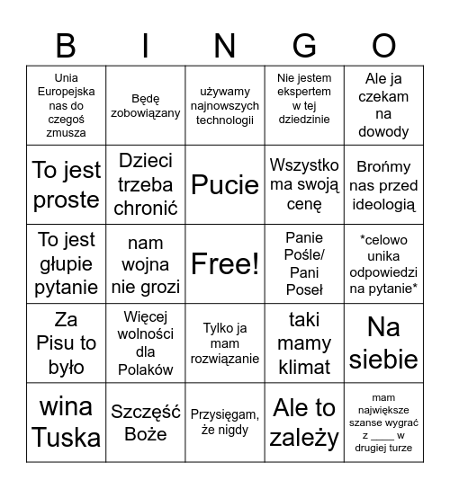 Debata prezydencka Bingo Card