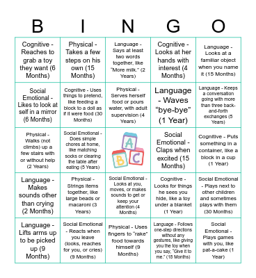 Developmental Milestones Bingo Card