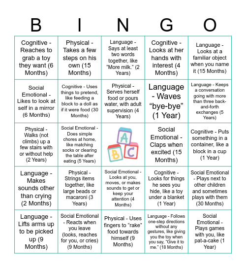 Developmental Milestones Bingo Card